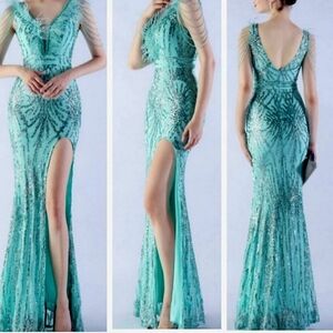 Green, Geo Print, Ostrich Feather V Neck, Beaded Draped Sleeves Sequined Gown